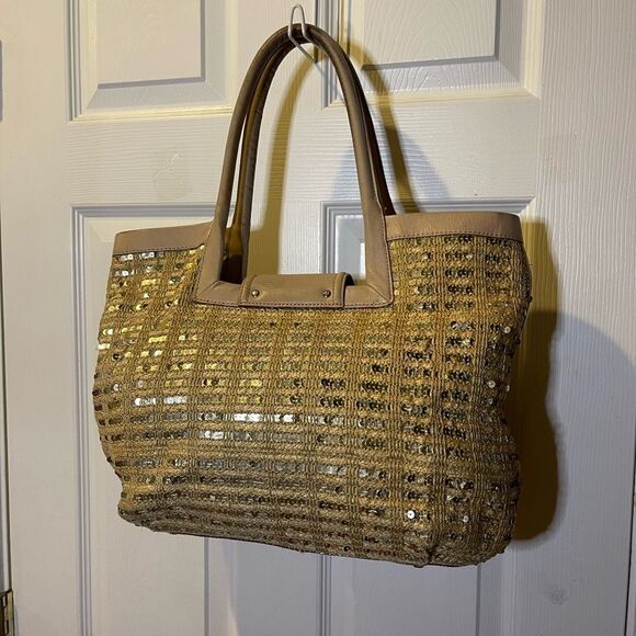 Kate Spade Jute and sequins Tan & Gold shoulder bag leather beige straps & trim - Picture 16 of 16